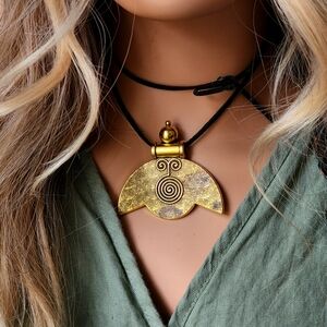 Boho Jewelry Gypsy Gold Indian Tribal Antique Lilly Pendant  Black Cord